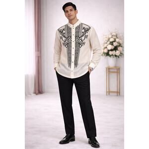 Prima Aurora Barong Tagalog Formal Shirt Men 2XL Cream Black Embroidered NWT